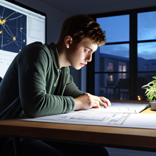 Home 11 **
A young architecture student, surrounded by blueprints and design software on a laptop, working late into the night in a well-lit studio. The atmosphere should be focused and determined. Consider incorporating elements of sustainable building design, such as solar panels or green roofs subtly in the background. Style: Realistic, slightly dramatic lighting.
**