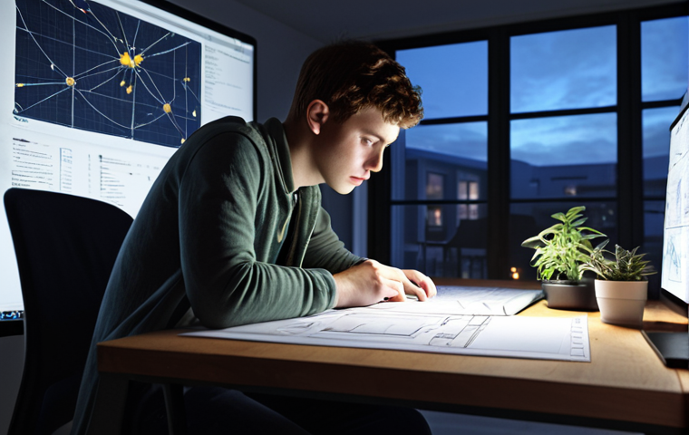 **
A young architecture student, surrounded by blueprints and design software on a laptop, working late into the night in a well-lit studio. The atmosphere should be focused and determined. Consider incorporating elements of sustainable building design, such as solar panels or green roofs subtly in the background. Style: Realistic, slightly dramatic lighting.
**