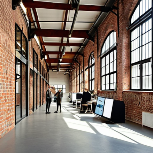 Home 6 A vibrant, sunlit interior of a revitalized historic factory hall in Berlin. Exposed rough brick walls juxtapose with sleek, transparent glass partitions and modern digital displays. People are seen collaborating in flexible workspaces, surrounded by abundant natural light, showcasing a harmonious blend of industrial heritage and cutting-edge technology, reflecting an inspiring and productive atmosphere.