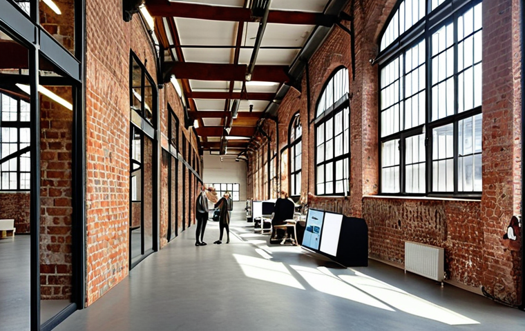 A vibrant, sunlit interior of a revitalized historic factory hall in Berlin. Exposed rough brick walls juxtapose with sleek, transparent glass partitions and modern digital displays. People are seen collaborating in flexible workspaces, surrounded by abundant natural light, showcasing a harmonious blend of industrial heritage and cutting-edge technology, reflecting an inspiring and productive atmosphere.