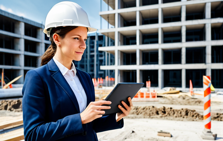 **

A professional female architect in a modest, dark blue business suit, standing on a construction site in Munich, holding a tablet displaying BIM data. Hard hat on. Background: Modern office building under construction.  Fully clothed, appropriate attire, safe for work, perfect anatomy, correct proportions, natural pose, professional photography, high quality, family-friendly.

**