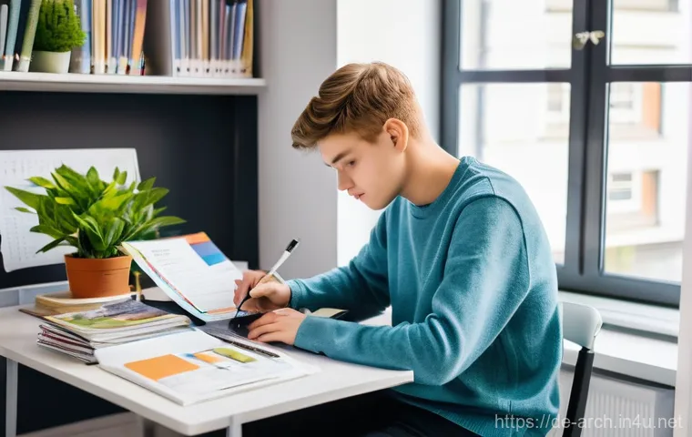 건축기사 시험 응시료 절약법 - **Prompt:** A diverse, young German student, approximately 17-18 years old, sitting thoughtfully at ...