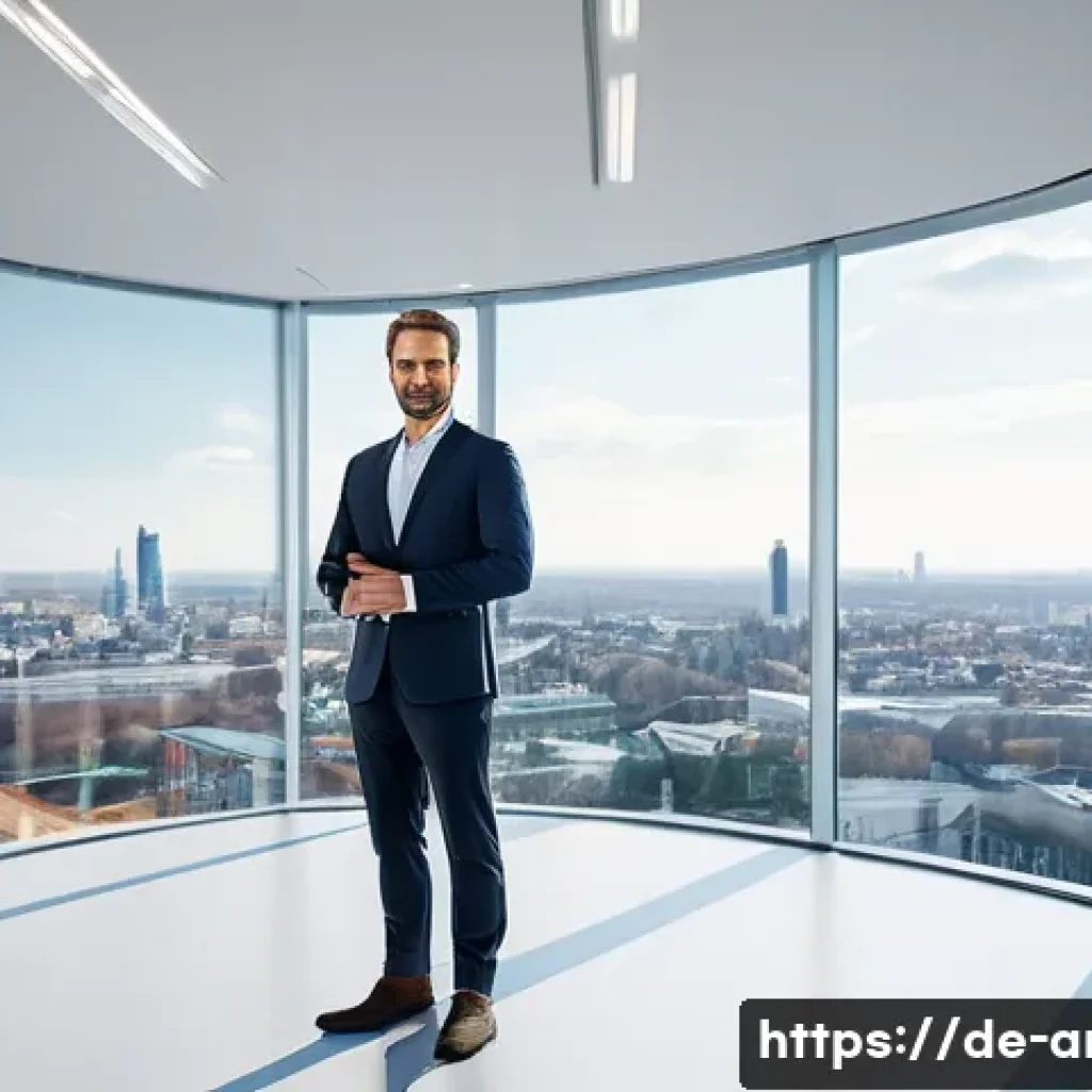 건축분야 연봉 협상에서의 팁 - A German architect, male, in his late 30s, dressed in a sharp, modern business suit. He stands confi...