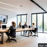 건축사로서의 기업 창업 이야기 - A modern architectural office interior in Germany, showcasing a diverse team of architects collabora...