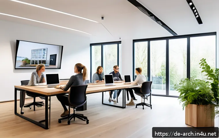 건축사로서의 기업 창업 이야기 - A modern architectural office interior in Germany, showcasing a diverse team of architects collabora...