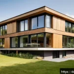 건축사로서의 윤리적 책임 - A sustainable modern house exterior in a German countryside setting, built primarily with regional n...