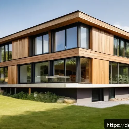 건축사로서의 윤리적 책임 - A sustainable modern house exterior in a German countryside setting, built primarily with regional n...