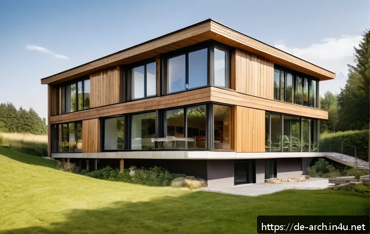 건축사로서의 윤리적 책임 - A sustainable modern house exterior in a German countryside setting, built primarily with regional n...