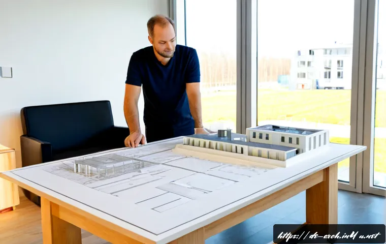 건축사와 건물 수명 주기 관리 - Photorealistic German architect in a bright modern studio reviewing a building life cycle model with...
